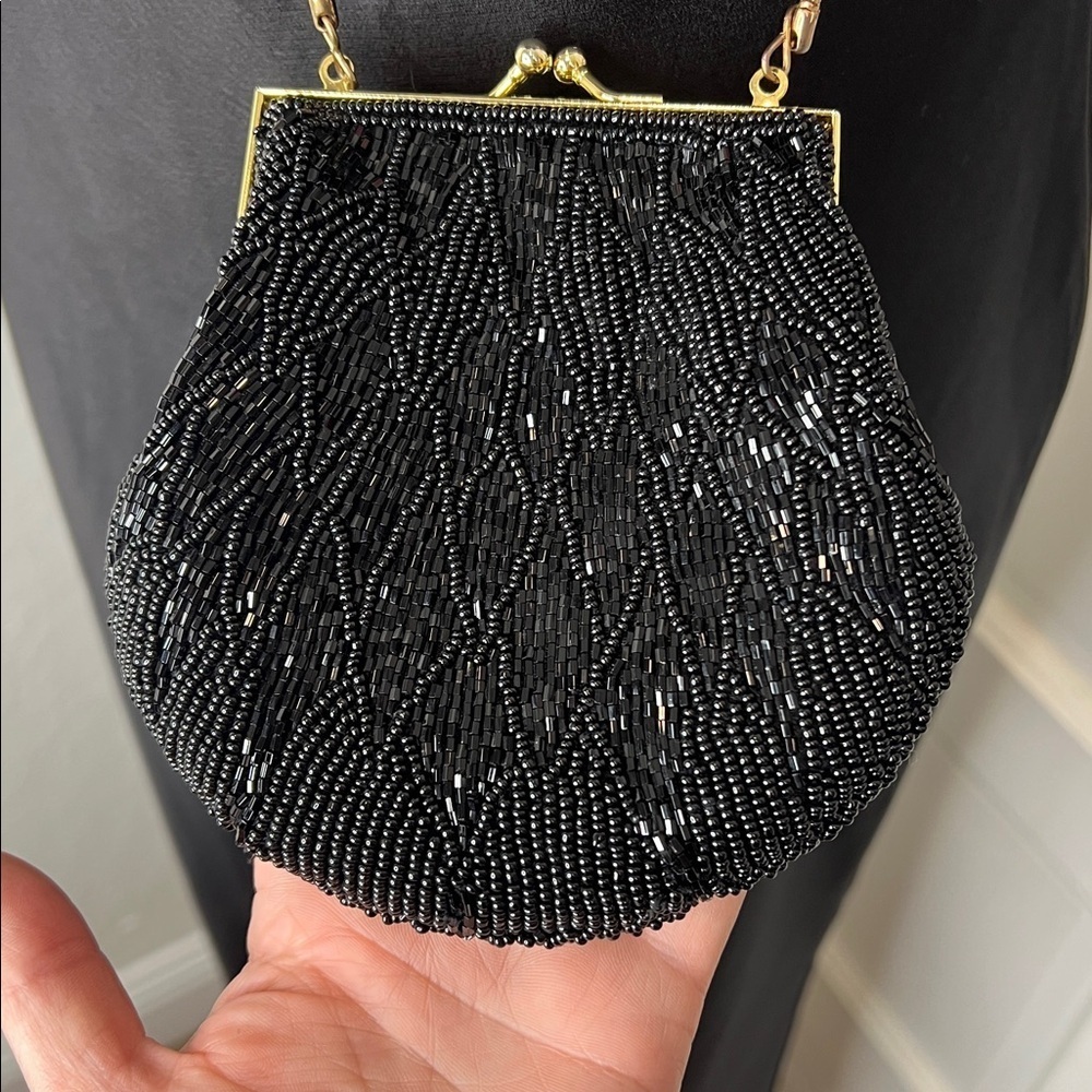 Vintage André Cellini Black Beaded Evening Bag with Goldtone Strap
